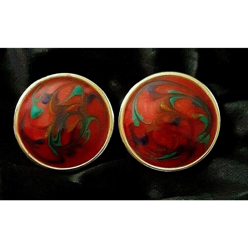 Multicolor Swirl Enamel Earrings Big Round Clip On Pink Purple Turquoise Vintage
